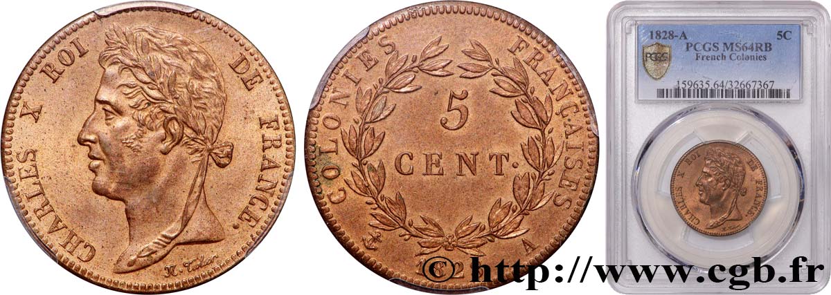 FRENCH COLONIES - Charles X, for Guyana 5 Centimes  1828 Paris MS64 PCGS