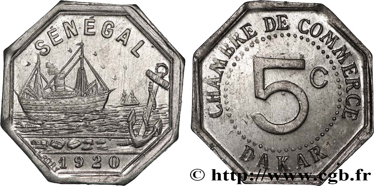 FRENCH AFRICA - SENEGAL 5 Centimes Chambre de Commerce de Dakar 1920 DAKAR AU 