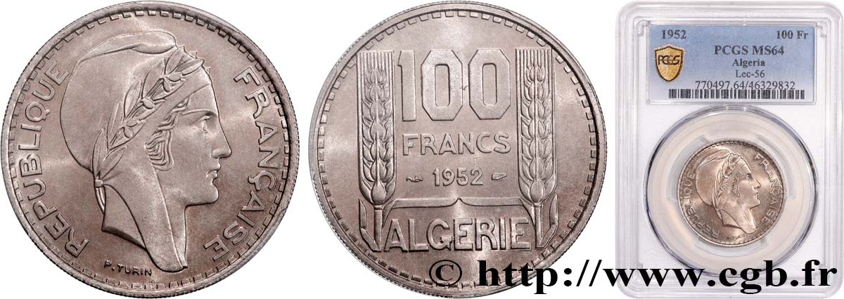 ALGÉRIE 100 Francs Turin 1952  SPL64 PCGS
