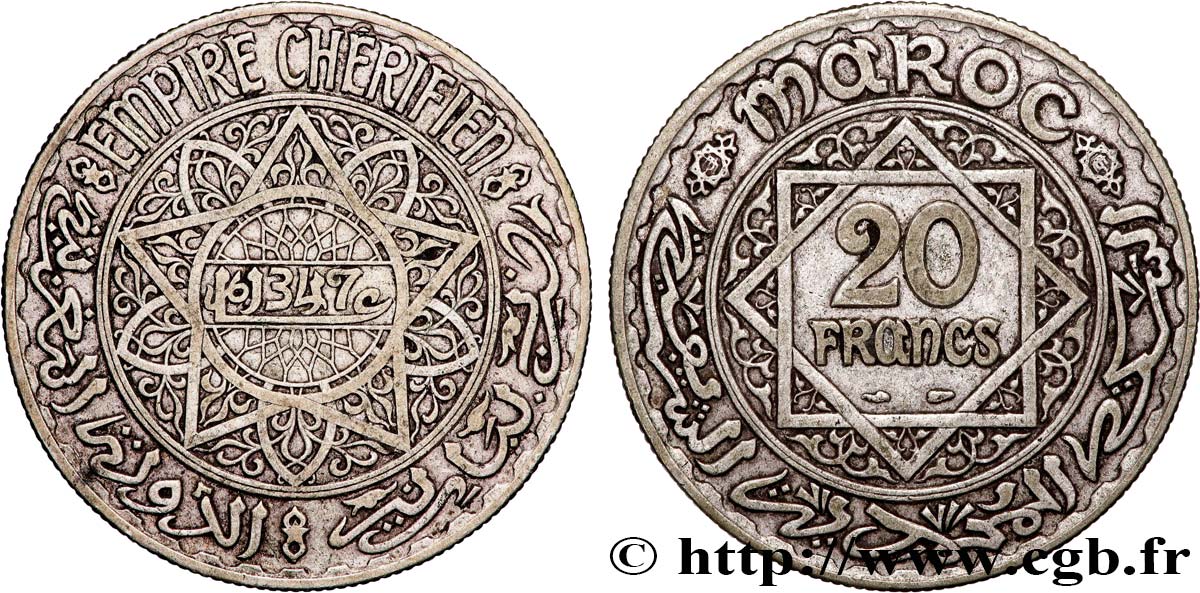 MAROC - PROTECTORAT FRANÇAIS 20 Francs AH 1347 1928 Paris TTB 
