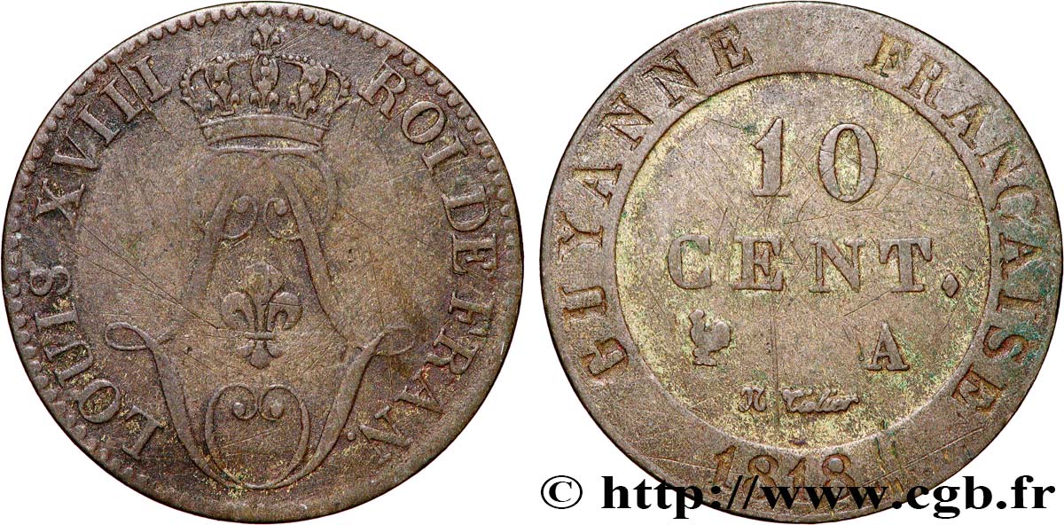 GUYANA FRANCESA 10 Centimes 1818 Paris - A BC+ 