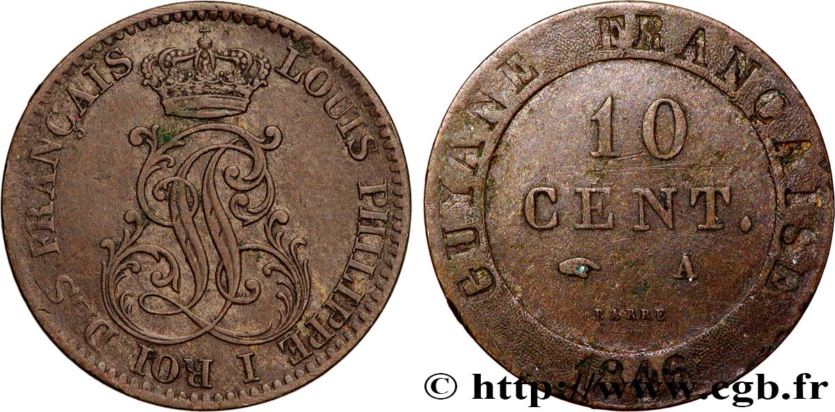 GUYANA FRANCESA 10 Cent. (imes) Louis-Philippe 1846 Paris MBC 