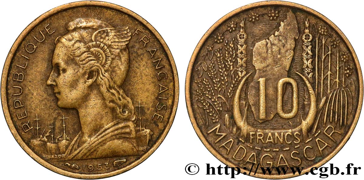 MADAGASCAR French Union 10 Francs 1953 Paris XF 