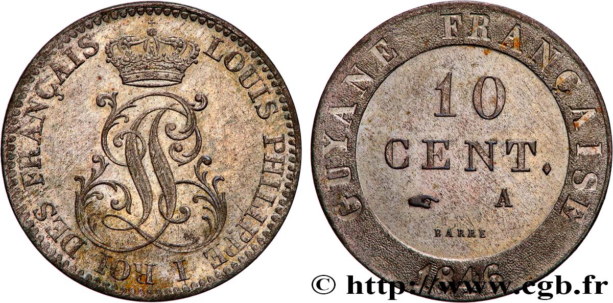 FRANZÖSISCHE-GUAYANA 10 Cent. (imes) Louis-Philippe 1846 Paris fVZ 