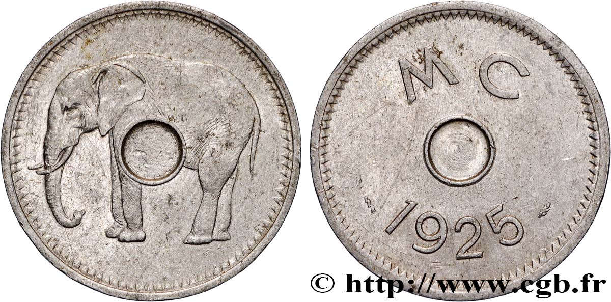 FRENCH CONGO 1 Jeton éléphant MC (Moyen Congo) non percée 1925  AU 