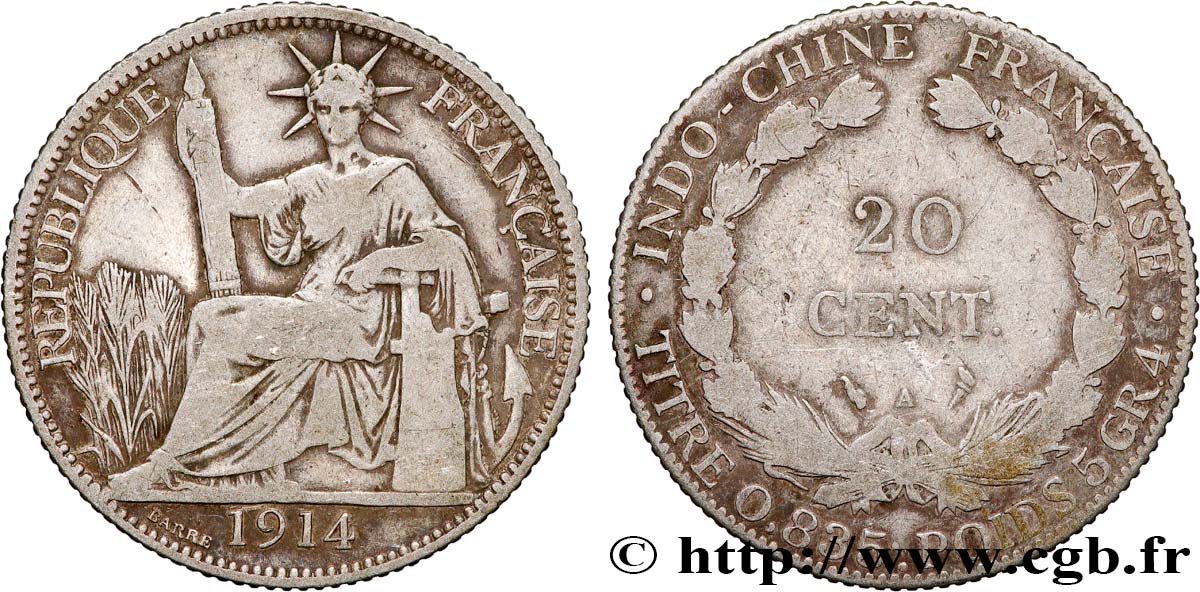 INDOCINA FRANCESE 20 Centièmes 1914 Paris MB 