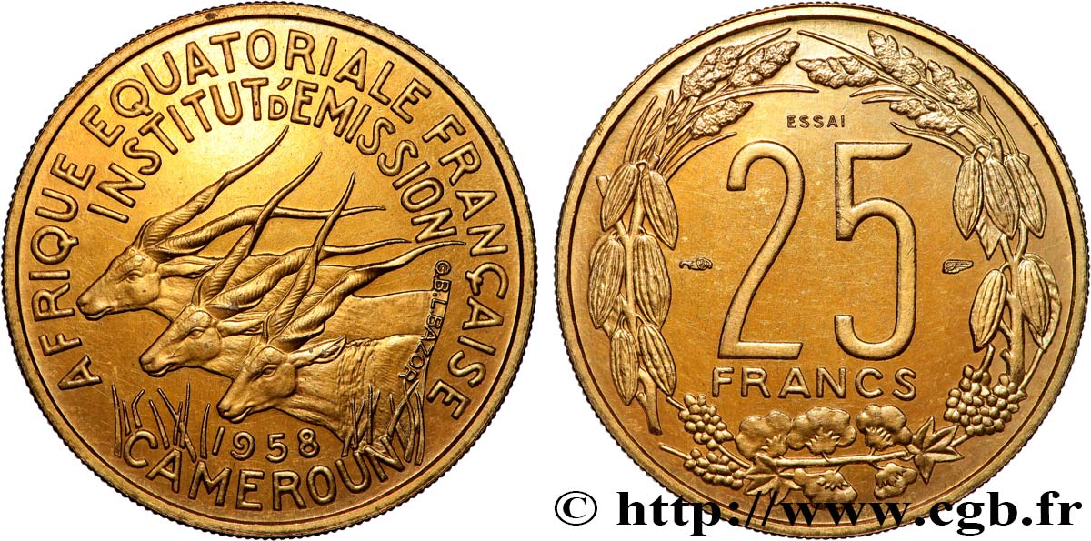 AFRICA ECUATORIAL FRANCESA - CAMERUN 25 Francs ESSAI 1958 Paris SC 