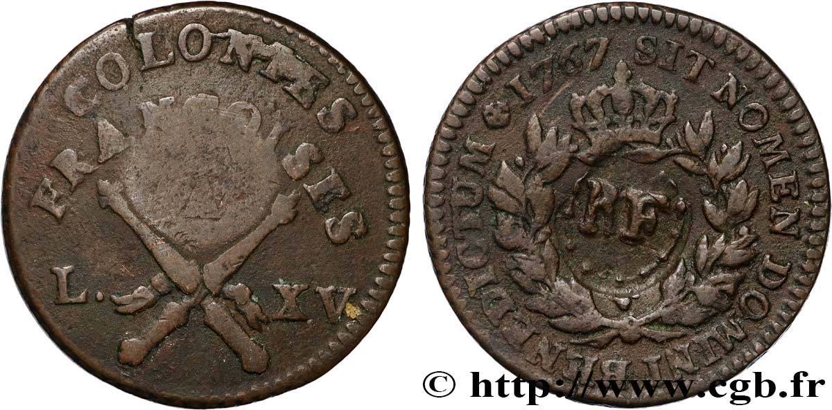 LOUIS XV  THE WELL-BELOVED  3 Sous 9 Deniers ou 1/4 d’esqualin contremarqué RF 1767 Paris VF 