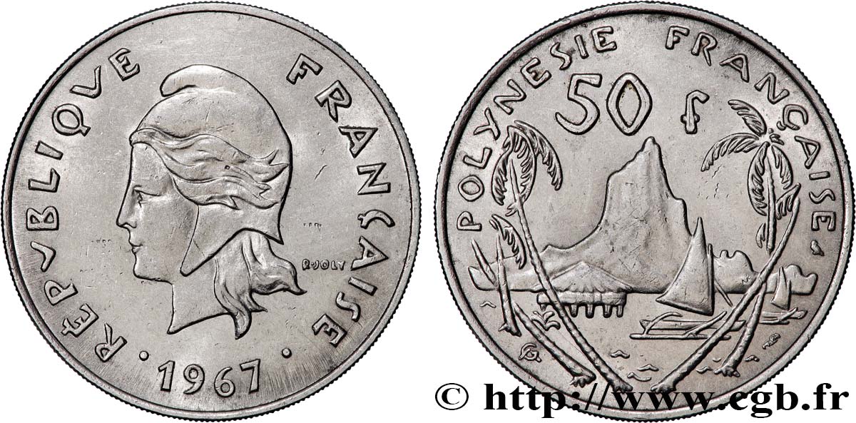 FRANZÖSISCHE-POLYNESIEN 50 Francs Marianne / paysage polynésien 1967 Paris VZ 