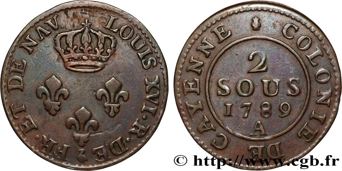 GUYANE FRANÇAISE 2 Sous colonie de Cayenne 2e type 1789 Paris - A TB+ 