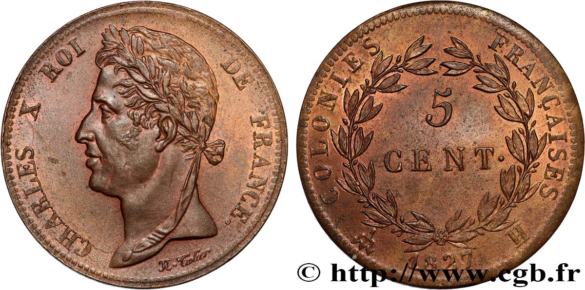 COLONIES FRANÇAISES - Charles X, pour la Martinique et la Guadeloupe 5 Centimes  1827 La Rochelle - A SUP 