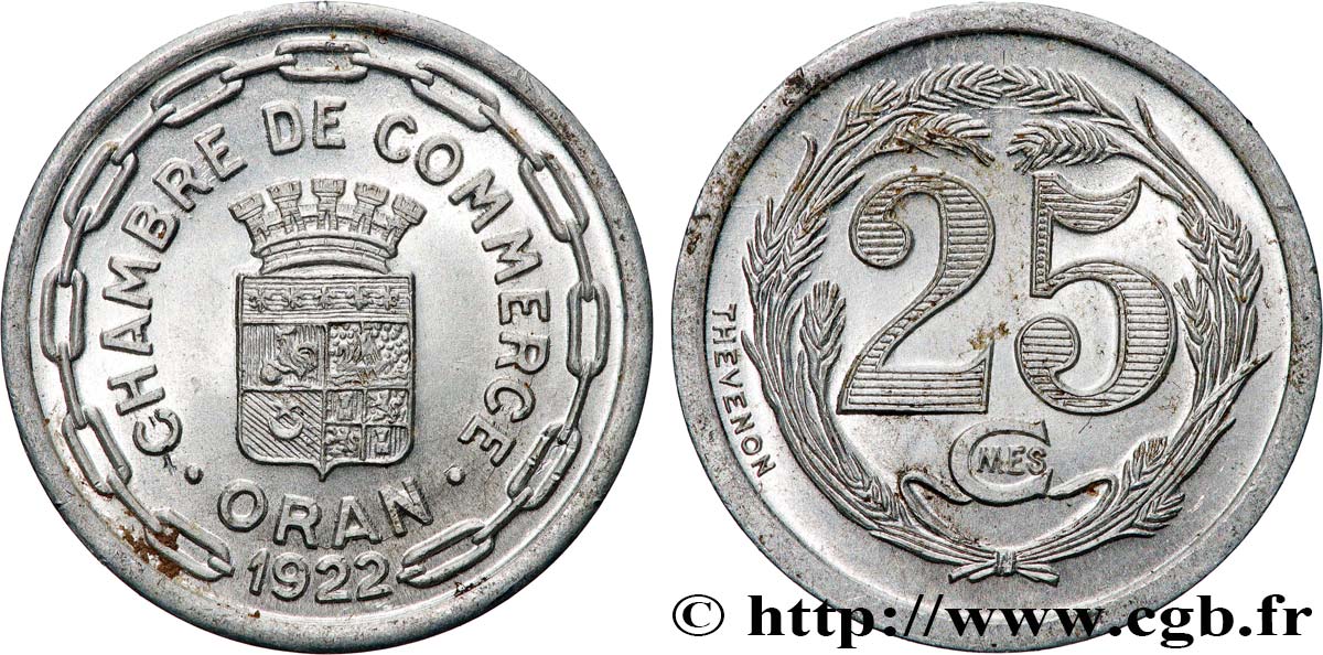 ALGÉRIE 25 Centimes Chambre de commerce d’Oran 1922 ORAN SUP 