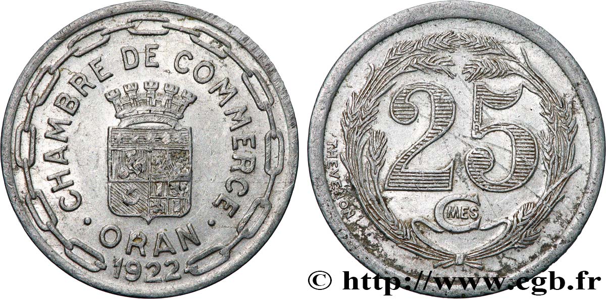 ALGERIA 25 Centimes Chambre de commerce d’Oran 1922 ORAN q.BB 