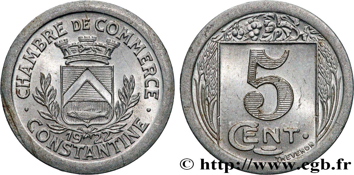 ALGÉRIE 5 Centimes Chambre de commerce de Constantine 1922 CONSTANTINE SUP 