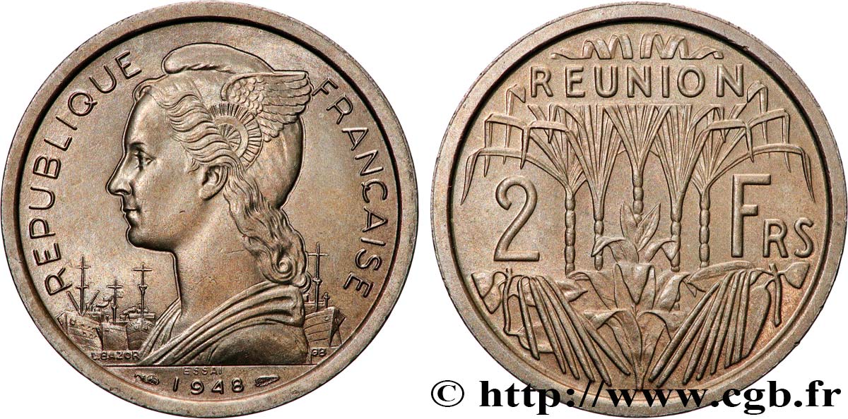 ÎLE DE LA RÉUNION Essai de 2 Francs 1948 Paris SPL 