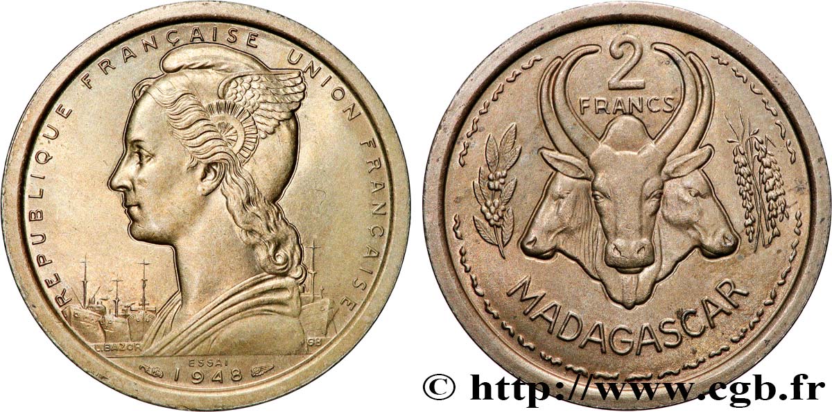 MADAGASKAR - FRANZÖSISCHE UNION Essai de 2 Francs 1948 Paris fST 