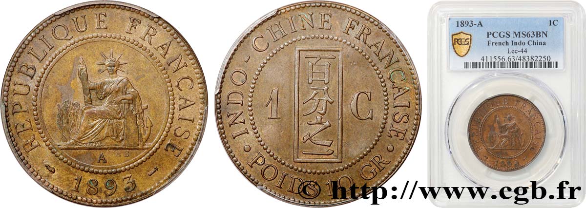 FRENCH INDOCHINA 1 Centième 1893 Paris MS63 PCGS