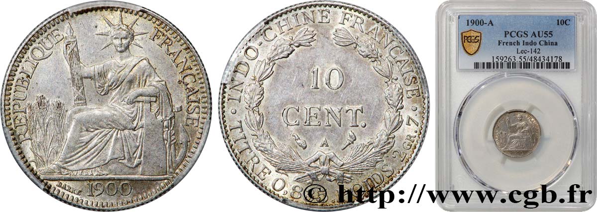 FRENCH INDOCHINA 10 Centièmes 1900 Paris AU55 PCGS