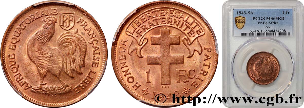 AFRIQUE ÉQUATORIALE FRANÇAISE - FRANCE LIBRE 1 Franc 1943 Prétoria FDC65 PCGS