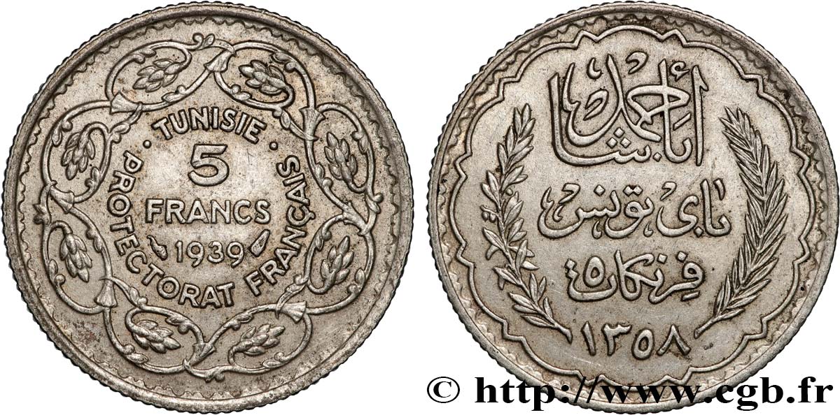 TUNISIA - French protectorate 5 Francs AH 1358 1939 Paris AU 