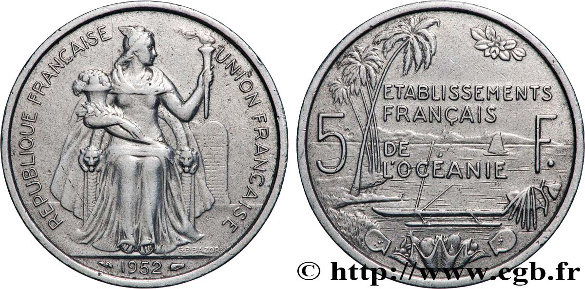 POLYNÉSIE FRANÇAISE - Océanie française 5 Francs Établissements Français de l’Océanie 1952 Paris TTB 