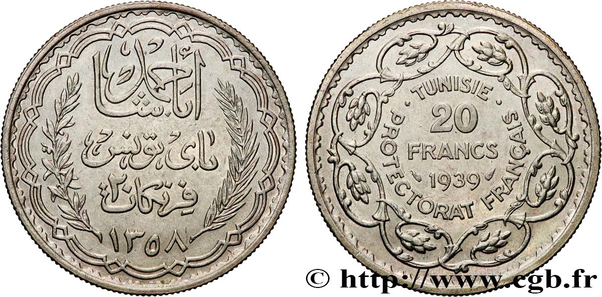 TUNISIE - PROTECTORAT FRANÇAIS 20 Francs au nom du  Bey Ahmed an 1358 1939 Paris SUP 