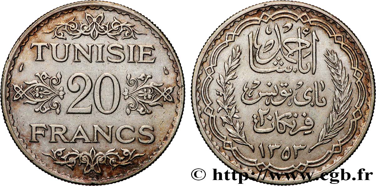 TUNISIA - Protettorato Francese 20 Francs au nom du Bey Ahmed an 1353 1934 Paris SPL 