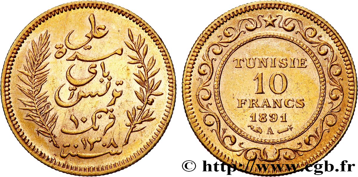 TUNISIA - FRENCH PROTECTORATE 10 Francs or Bey Ali AH 1308 1891 Paris AU 