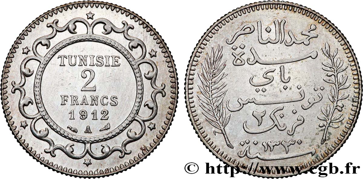 TUNEZ - Protectorado Frances 2 Francs au nom du Bey Mohamed En-Naceur  an 1330 1912 Paris - A EBC 