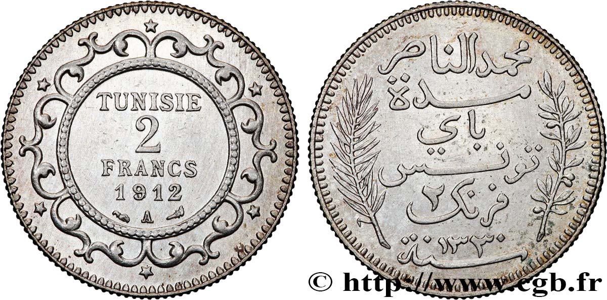 TUNISIE - PROTECTORAT FRANÇAIS 2 Francs au nom du Bey Mohamed En-Naceur  an 1330 1912 Paris - A SUP 