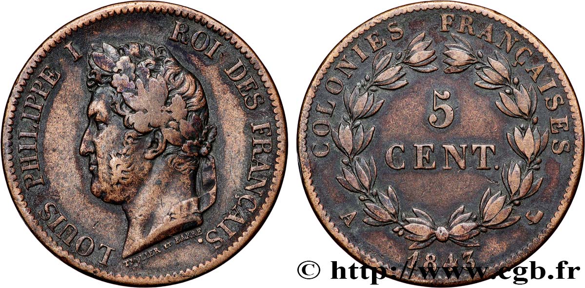 FRENCH COLONIES - Louis-Philippe, for Marquesas Islands 5 Centimes 1843 Paris VF 