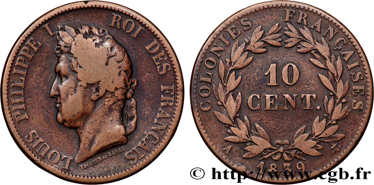 FRENCH COLONIES - Louis-Philippe for Guadeloupe 10 Centimes Louis-Philippe 1839 Paris VF 