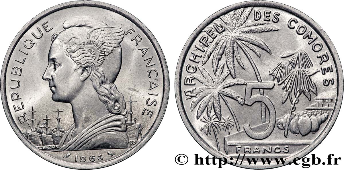 COMOROS  5 Francs 1964 Paris MS 