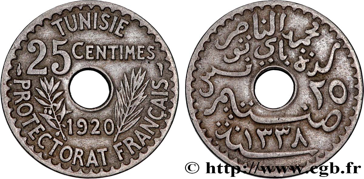 TUNISIA - FRENCH PROTECTORATE 25 Centimes AH1338 1920 Paris XF 