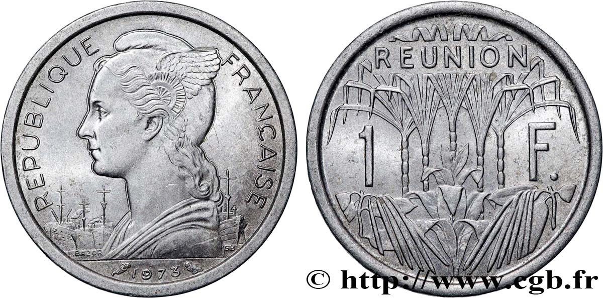 ÎLE DE LA RÉUNION 1 Franc Marianne / canne à sucre 1973 Paris SUP 