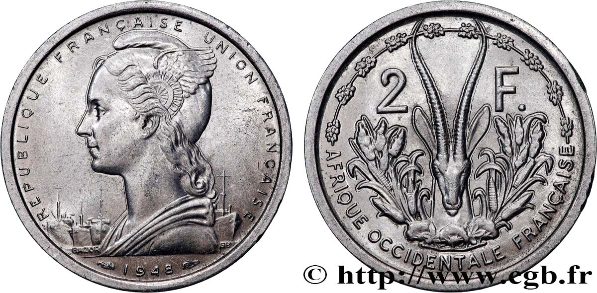 FRANZÖSISCHE WESTAFRIKA - FRANZÖSISCHE UNION 2 Francs 1948 Paris VZ 