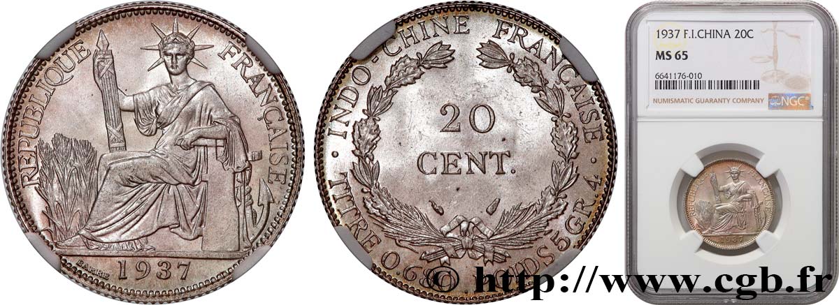 FRENCH INDOCHINA 20 Centièmes 1937 Paris MS65 NGC