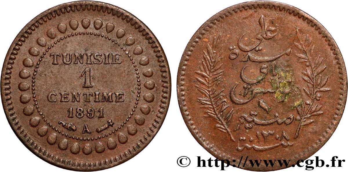 TUNISIA - French protectorate 1 Centime AH1308 1891 Paris XF 