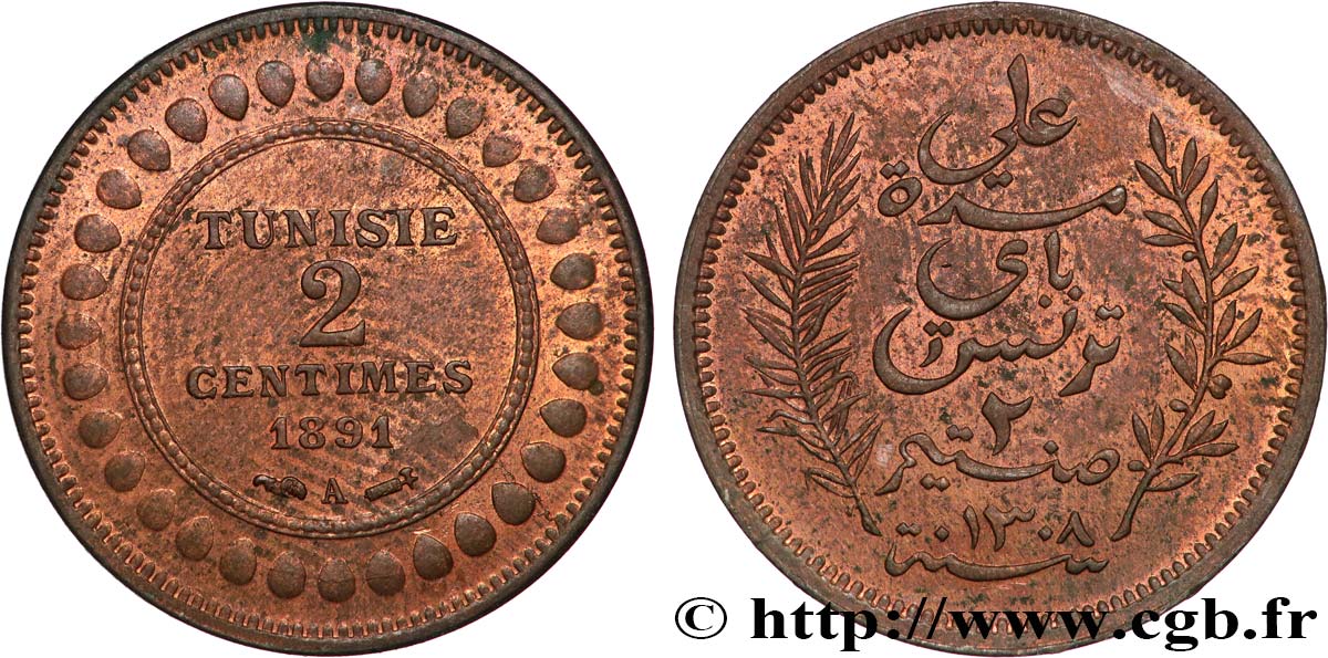 TUNISIA - Protettorato Francese 2 Centimes AH1308 1891  SPL 