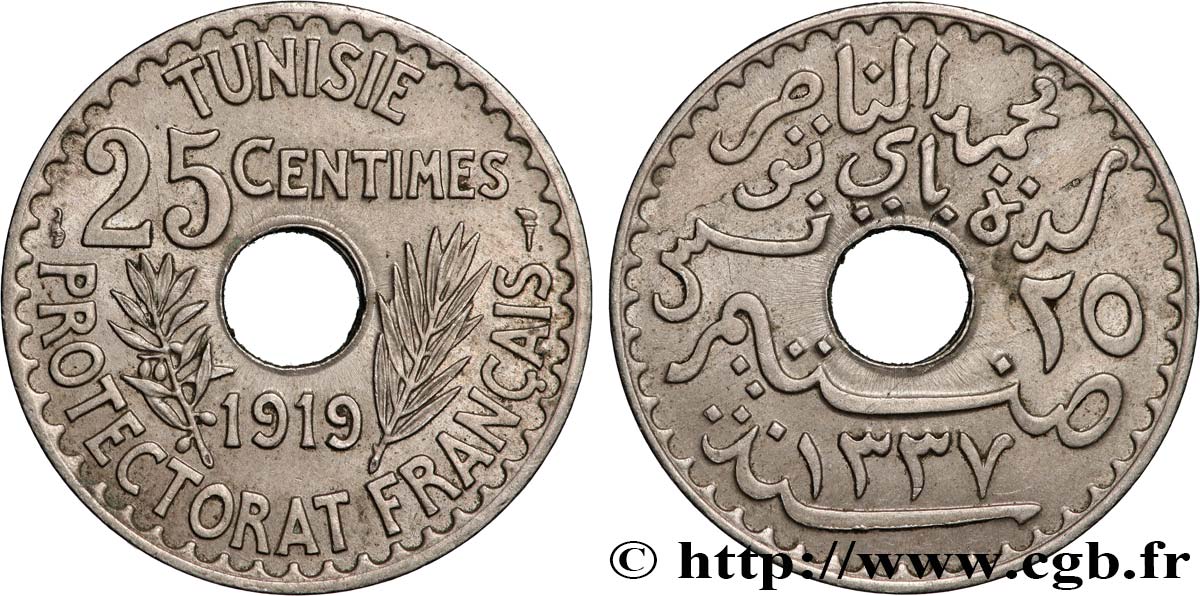 TUNISIA - French protectorate 25 Centimes AH 1337 1919 Paris XF 