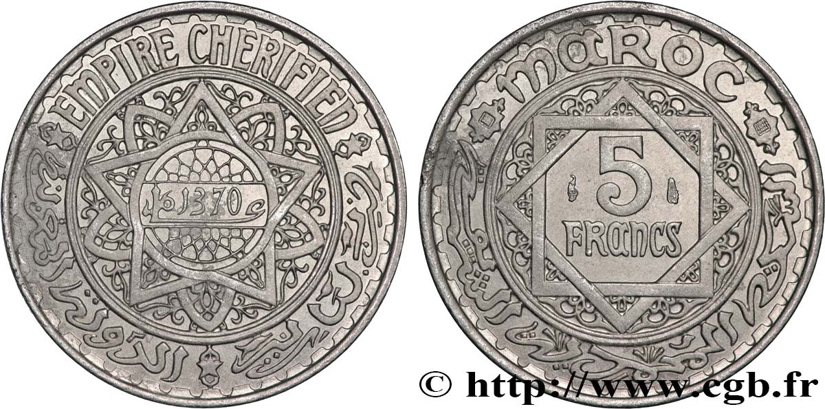 MAROCCO - PROTETTORATO FRANCESE 5 Francs AH 1370 1951  SPL 