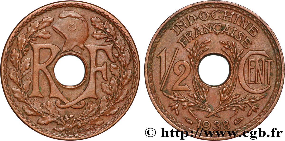 INDOCHINE FRANÇAISE 1/2 Centième 1938 Paris TTB+ 