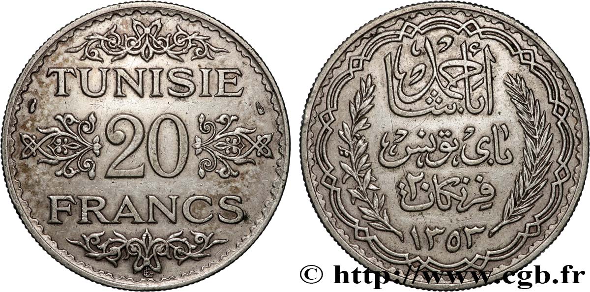 TUNESIEN - Französische Protektorate  20 Francs au nom du Bey Ahmed an 1353 1934 Paris fVZ 