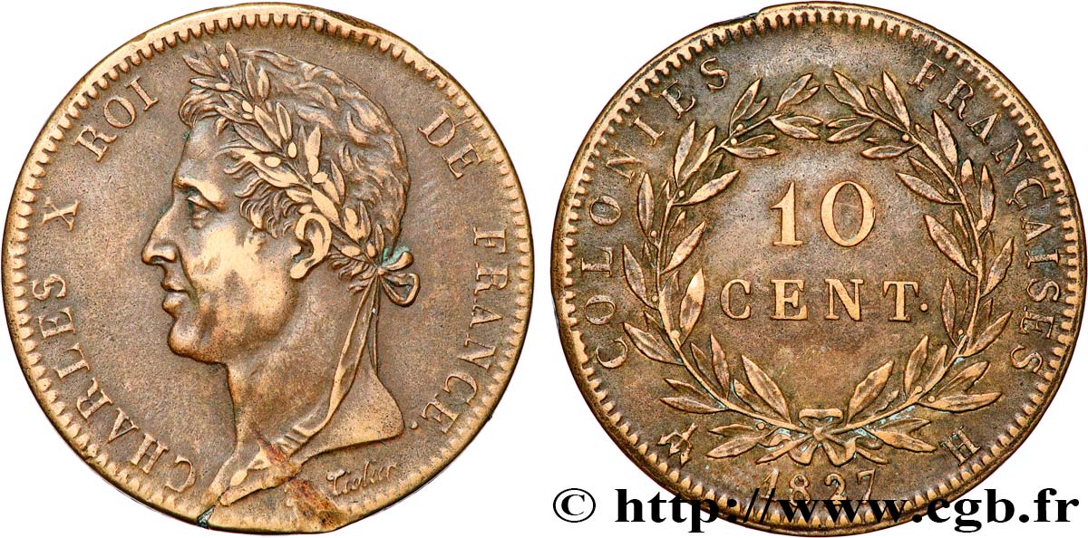 COLONIE FRANCESI - Carlo X, per Martinica e Guadalupa 10 Centimes Charles X 1827 La Rochelle - H BB 