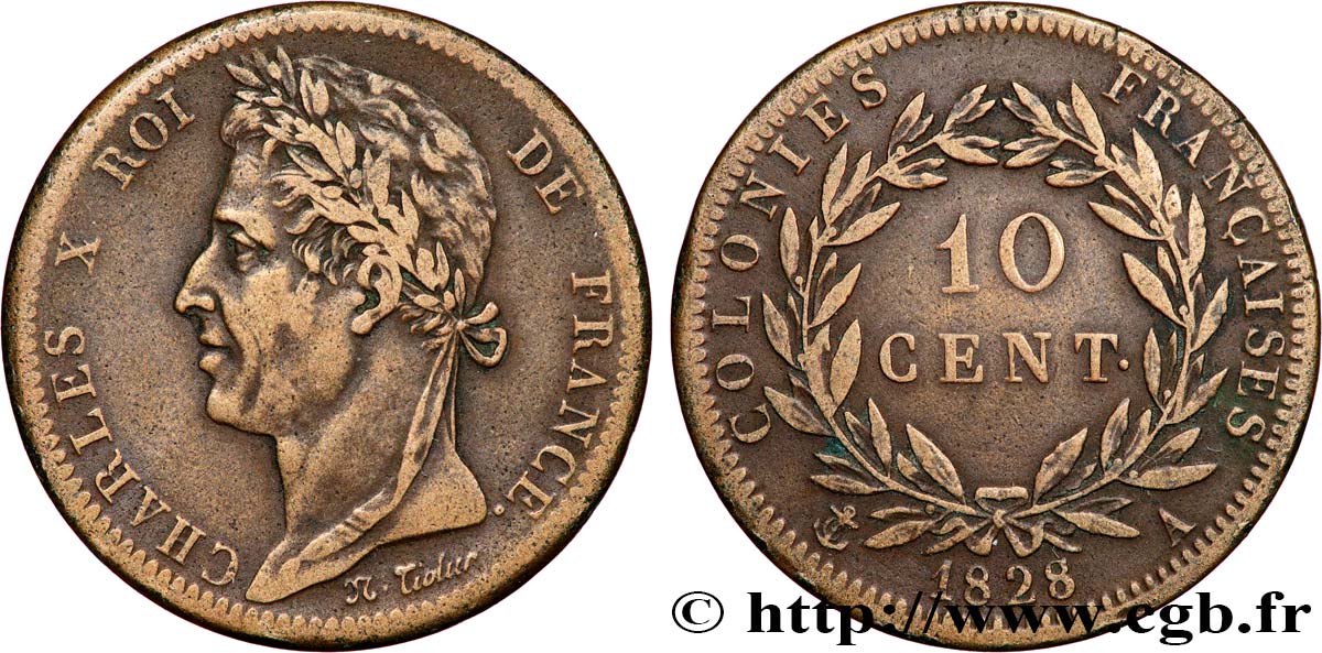 COLONIAS FRANCESAS - Charles X, para Guayana 10 Centimes Charles X 1828 Paris - A BC+ 