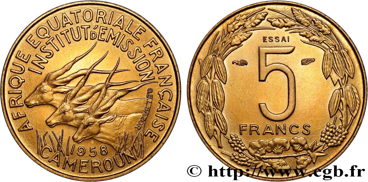 FRANZÖSISCHE EQUATORIAL AFRICA - KAMERUN Essai de 5 Francs 1958 Paris fST 