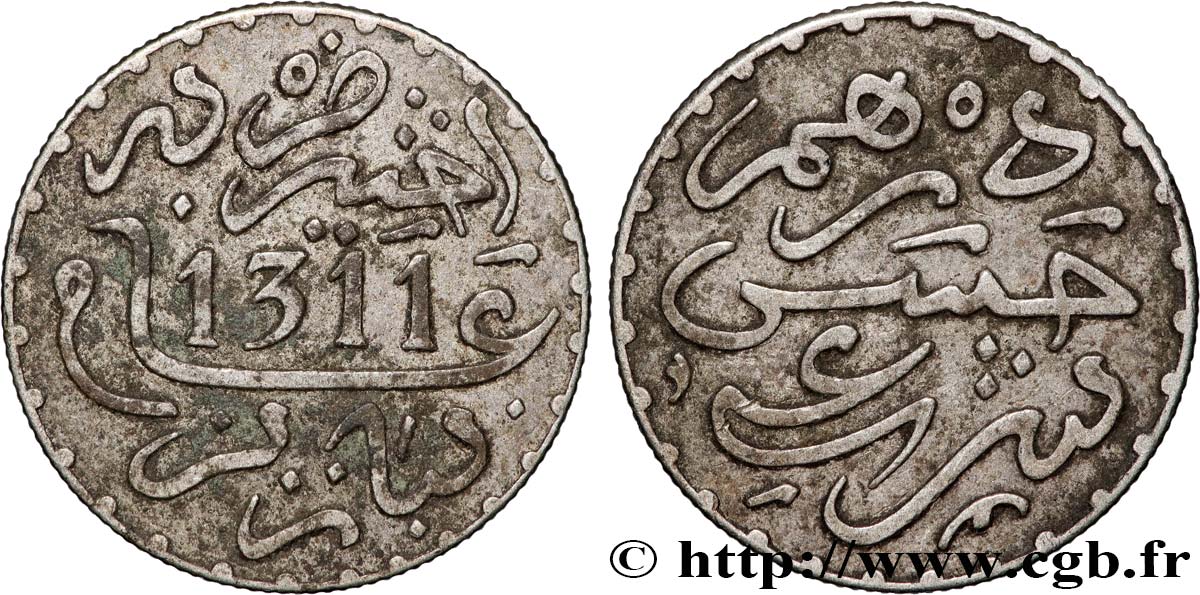 MOROCCO 1 Dirham Hassan I an 1311 1893 Paris XF 