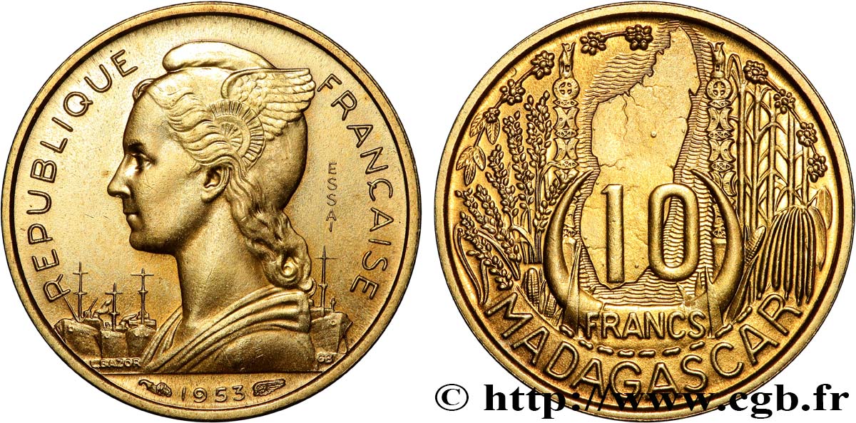 MADAGASCAR - UNION FRANCESE 10 Francs ESSAI 1953 Paris MS 