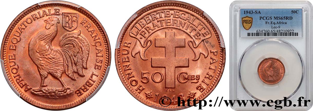 FRENCH EQUATORIAL AFRICA - FREE FRANCE  50 Centimes 1943 Prétoria MS65 PCGS