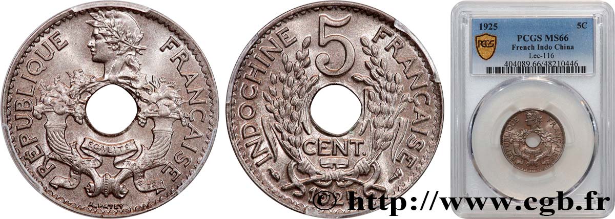 FRENCH INDOCHINA 5 Centièmes 1925 Paris MS66 PCGS